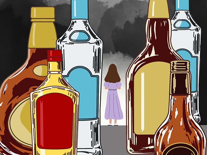 Illustrated woman standing surrounded by six bottles of alcohol