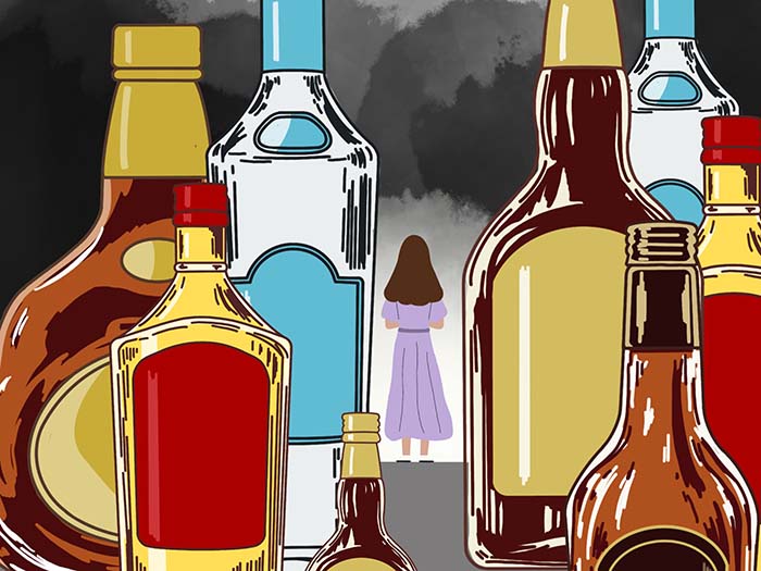 Illustrated woman standing surrounded by eight bottles of alcohol