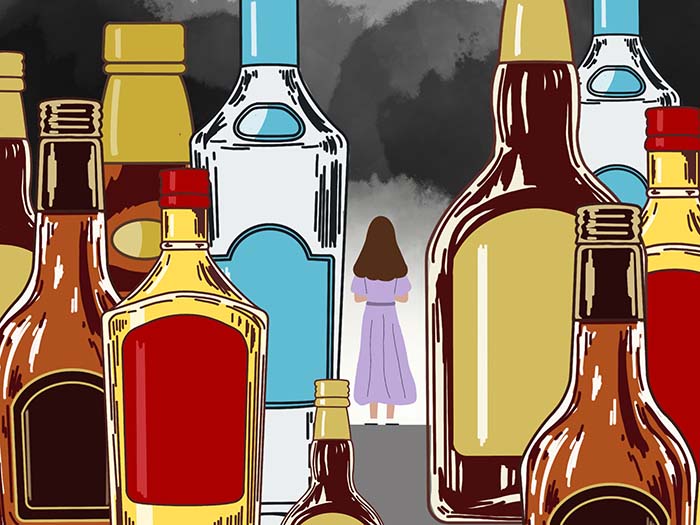 Illustrated woman standing surrounded by ten bottles of alcohol