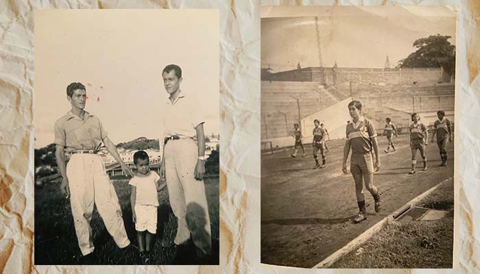 Two black and white side by side photos. Left photo is four year old Mauricio standing between his uncle (left) and dad (right). 
the right photo is 16-year-old Mauricio dressed in his soccer uniform walking the track of a stadium. 