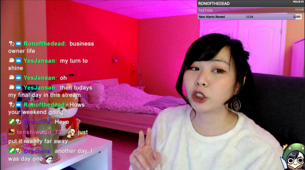 Lucia Li, a young Asian woman, is in the midst of talking to her chat on her Twitch stream.