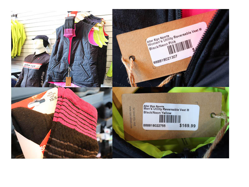 A collage of women and men's cycling clothing. The women's clothes is pink while the men's is yellow and red.