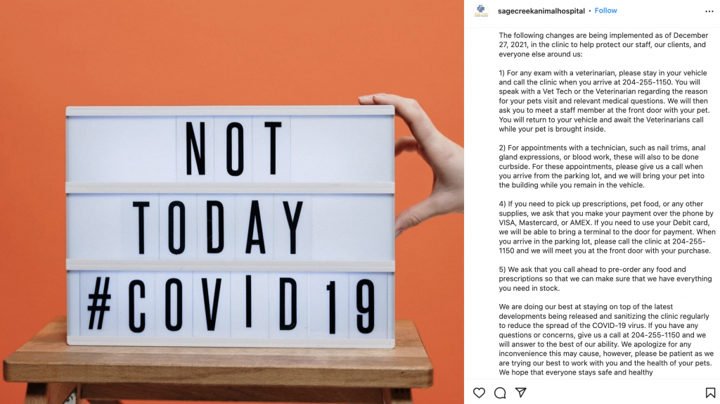 An Instagram post from the Sage Creek Animal Hospital explaining that they returned to a closed door policy on Dec. 27, 2021. The post explains the change in procedures and what that means for owners.