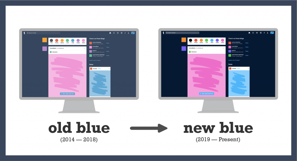 Two desktop monitors comparing the different Tumblr colour schemes.