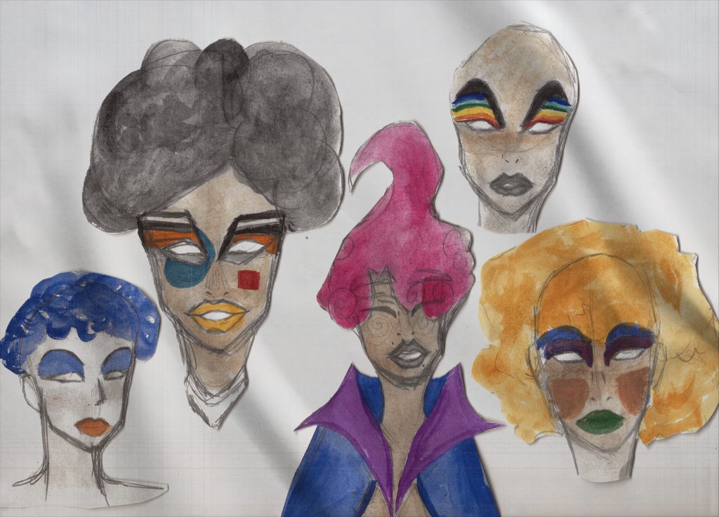 A colourful illustration of the modern world drag queens. Some queens have yellow, blue, or pink hair. While some queens have colourful makeup, such as a rainbow eyeshadow or abstract style makeup. 