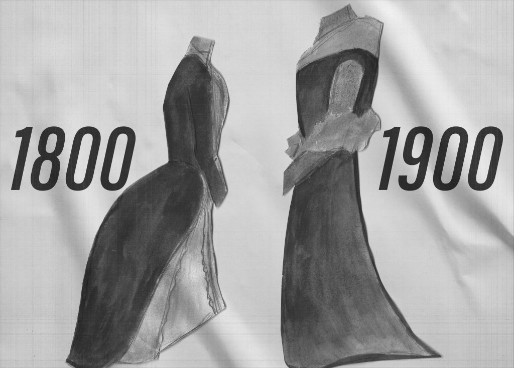 A black and white illustration of an 1800 petticoat dress on the left. And a 1900 vaudeville dress on the right. 