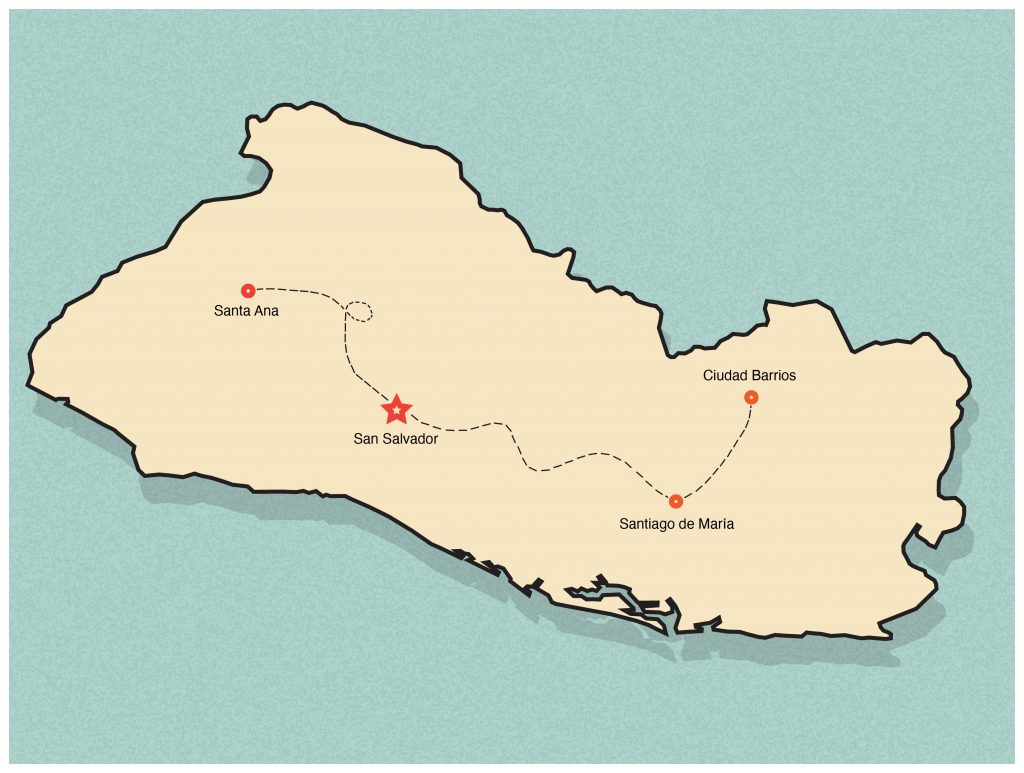 Map illustration of El Salvador highlighting cities. From east to west: Santa Ana, San Salvador, Santiago De María, Ciudad Barrios.