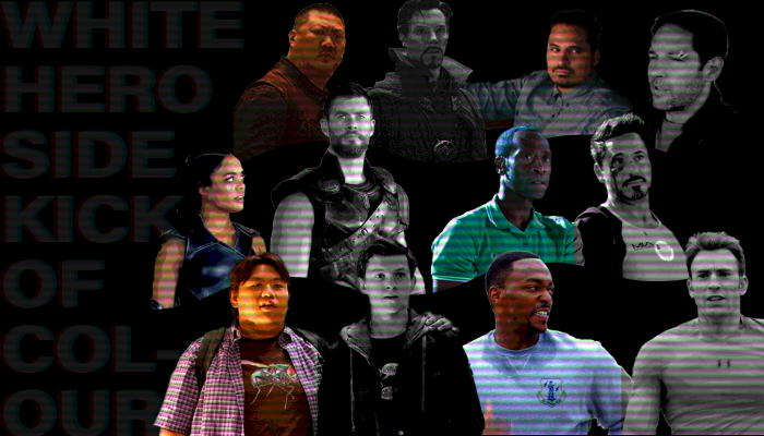 Collage of MCU superheroes and their sidekicks.

Wong and Dr. Strange, Luis and Scott Lang, Valkyrie and Thor, War Machine and Tony Stark, Ned and Peter Parker, and Sam Wilson and Steve Rogers.